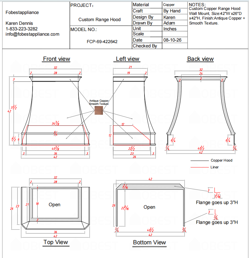 Fobest Custom Range Hood-FCP-69 Copper Range Hood  Metal Range Hood Custom Link for Sydney