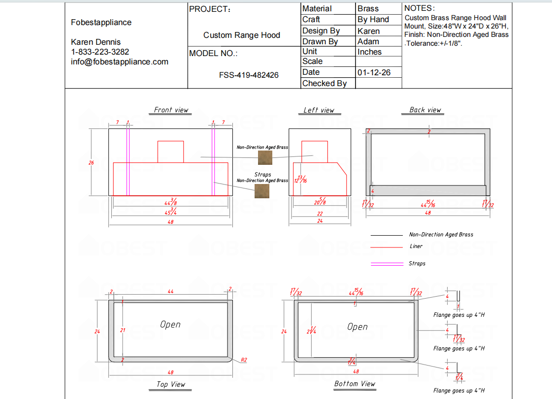 Fobest Custom Metal Range Hood -FSS-419- Custom Link for Nishtha