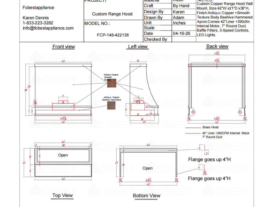 Fobest Custom Range Hood-Custom Link for Susan Page