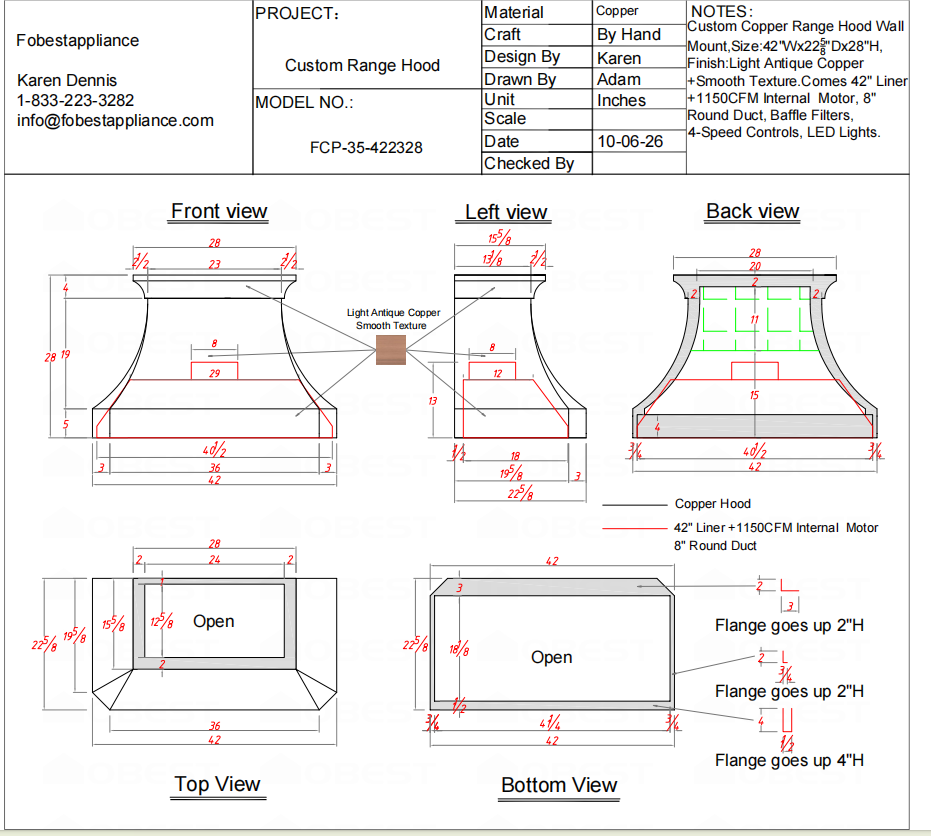 Fobest Custom Range Hood-FCP-35 Copper Metal Range Hood Custom Link for Marissa