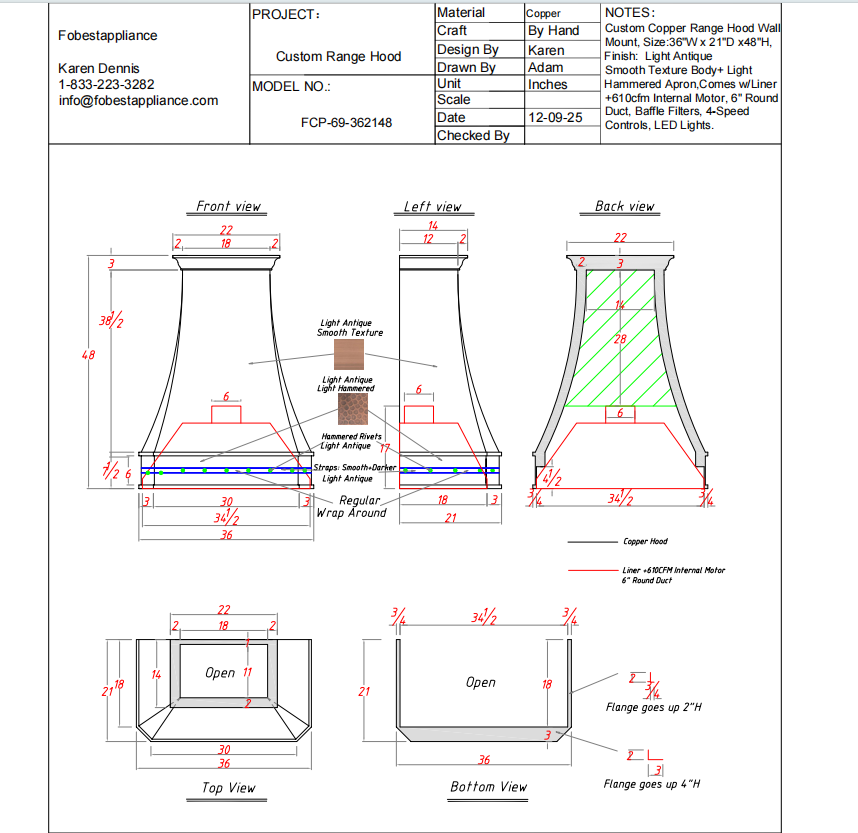 Fobest Custom Metal Range Hood FCP-69 Custom Link for Jered& Sarah