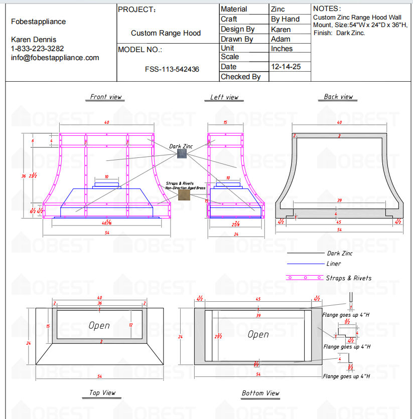 Fobest Custom Metal Range Hood FSS-113 Custom Link for Thomas