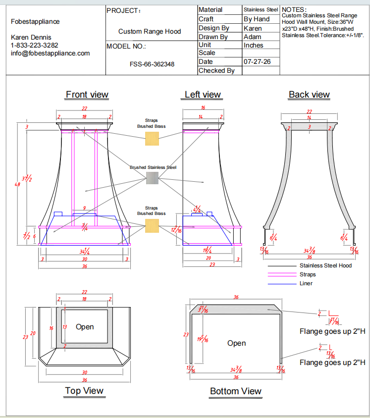 Fobest Custom Range Hood-FSS-66 Stainless Steel Metal Range Hood Custom Link for Kate