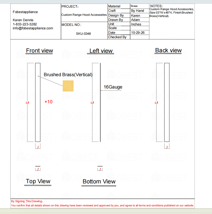 Fobest Custom Range Hood-Fobest FSS-336 Custom Brass Metal Range Hood and Kitchen Appliance Custom Link for GiNo