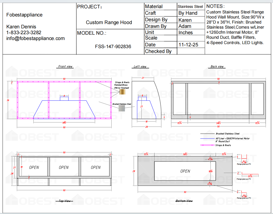 Fobest Custom Metal Range Hood FSS-147 - Custom Link for Dina Bandman