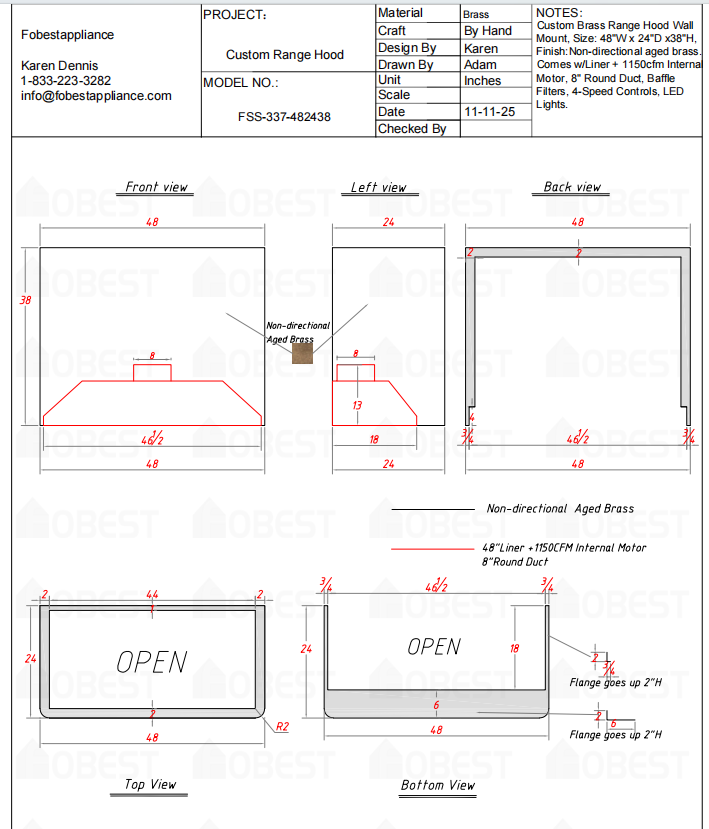Fobest Custom Metal Range Hood FSS-337 Custom Link for Natalie
