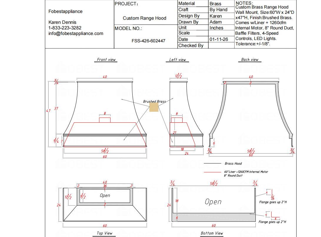 FOBEST Custom Range Hood FSS-426 Custom Link for Susan