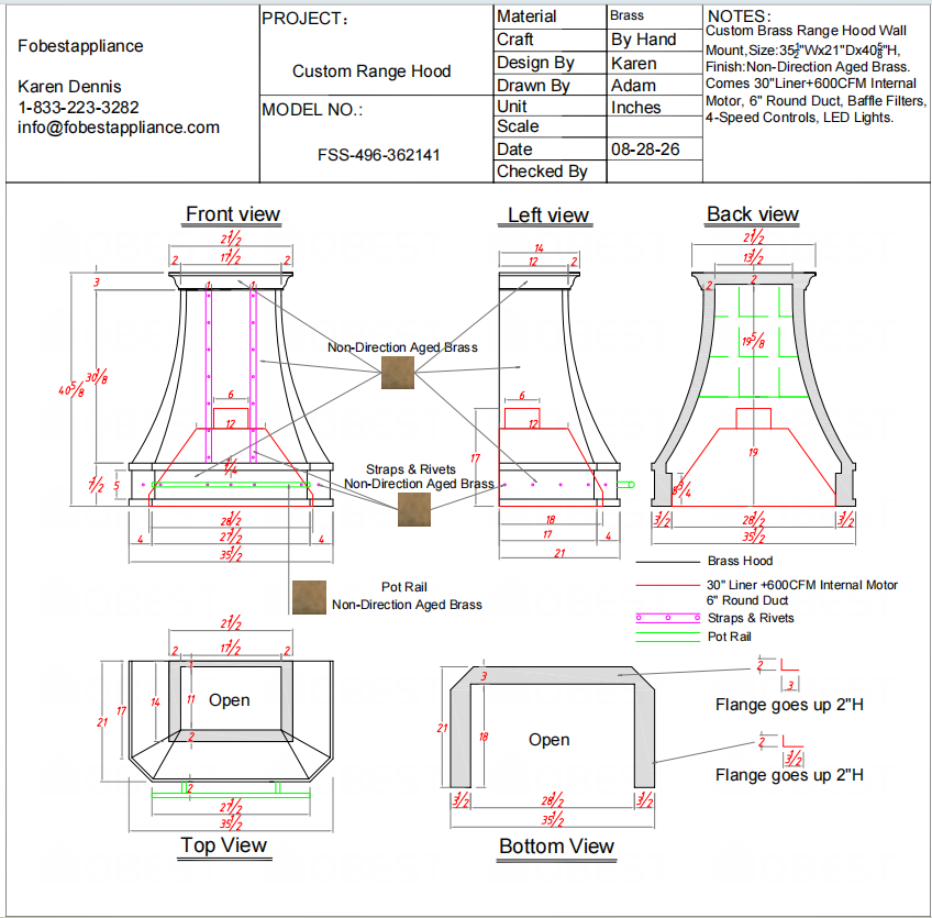 Fobest Custom Range Hood-FSS-496 Brass Metal Range Hood Custom Link for Keith
