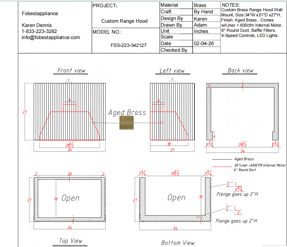 Fobest Custom Range Hood FSS-223 custom link for Ron