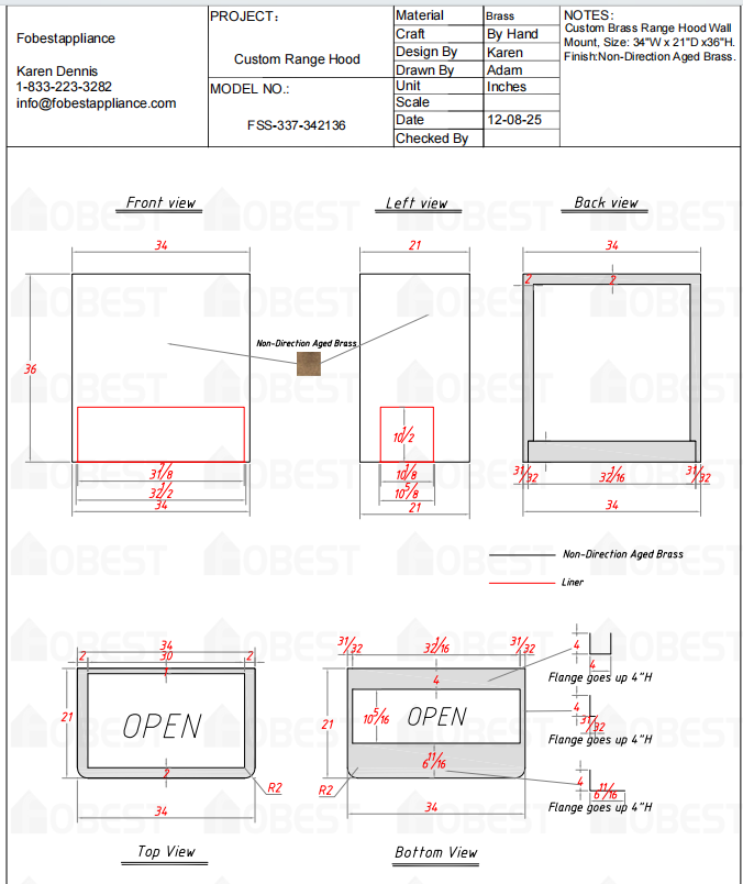 Fobest Custom Metal Range Hood FSS-337 Custom Link for Nila Zameni 