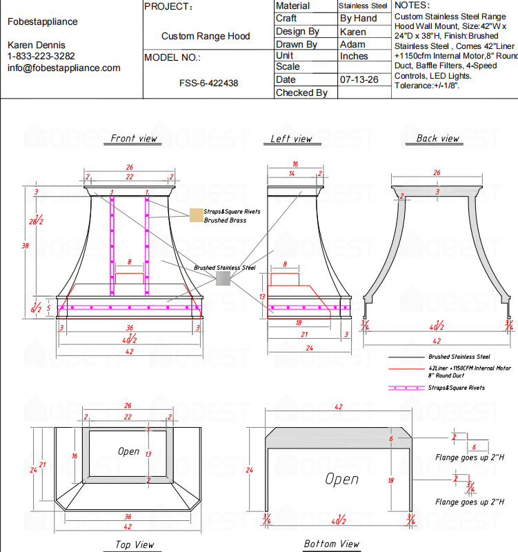 Fobest Custom Range Hood-FSS-6 Stainless Steel Metal Range Hood Custom Link for Erin