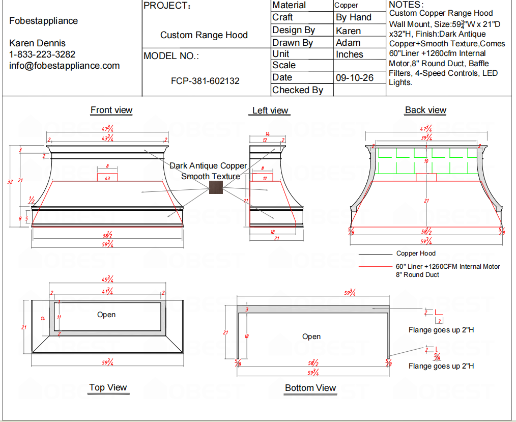 Fobest Custom Range Hood-FCP-381 Copper Metal Range Hood Custom Link for J.R