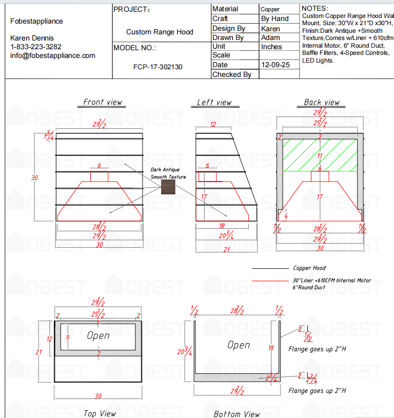 Fobest Custom Metal Range Hood FCP-17 Custom Link for Melinda