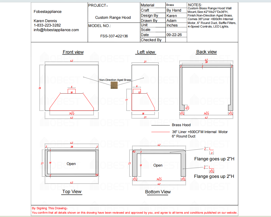 Fobest Custom Range Hood-FSS-337-Brass Metal Range Hood Custom Link for Bryn