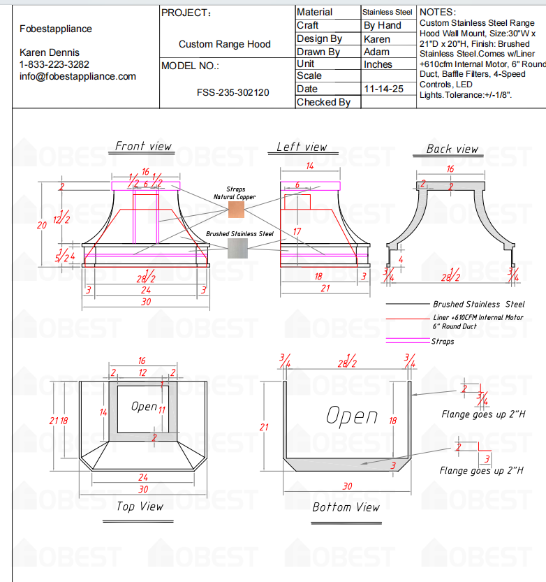 Fobest Custom Metal Range Hood FSS-235-Canada Custom Link for Susan