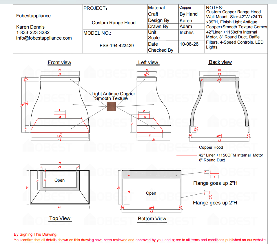 Fobest Custom Range Hood-Fobest Custom Copper Metal Range Hood FSS-194 Custom Link for Ryan