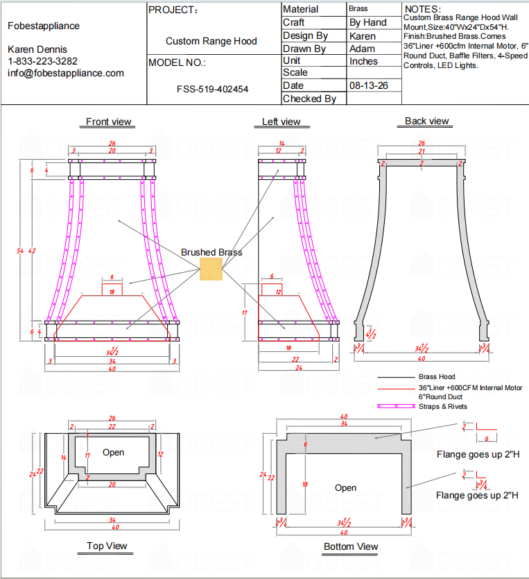 Fobest Custom Range Hood-FSS-519 Brass Metal Range Hood 50% Deposit Custom Link for Kimberly