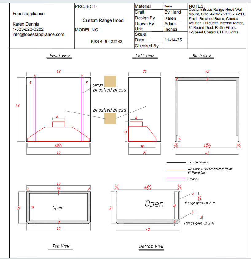 Fobest Custom Metal Range Hood FSS-419- Custom Link for Sammi 