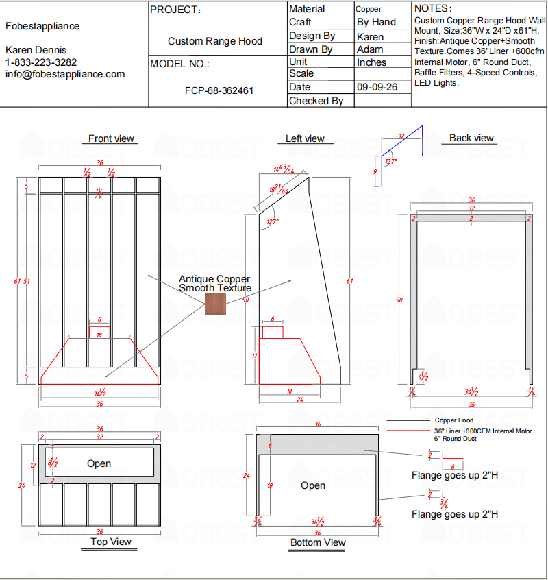 Fobest Custom Range Hood-FCP-68 Copper Metal Range Hood Custom Link for John