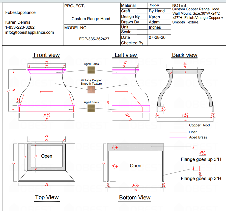 Fobest Custom Range Hood-FCP-335 Copper Range Hood  Metal Range Hood Custom Link