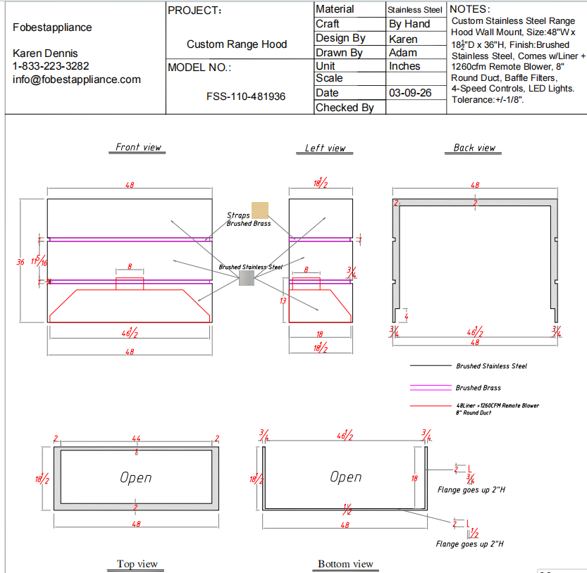 Fobest Custom Range Hood FCP-110 Custom Link for Steve