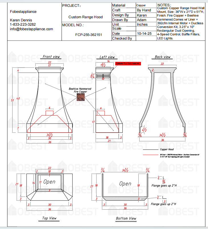 Fobest Custom Metal Range Hood FCP-255 - Custom Link for Karen