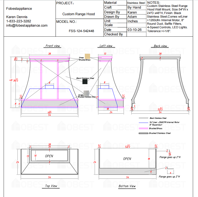 Fobest Custom Range Hood FSS-124 Custom Link for Cristi