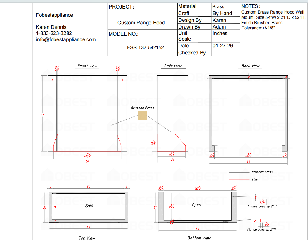 FOBEST Custom Range Hood FSS-132  Custom Link for Tracy