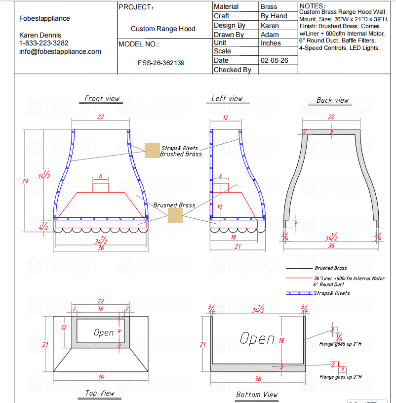 Fobest Custom Range Hood FSS-26 custom link for Cricket Burns