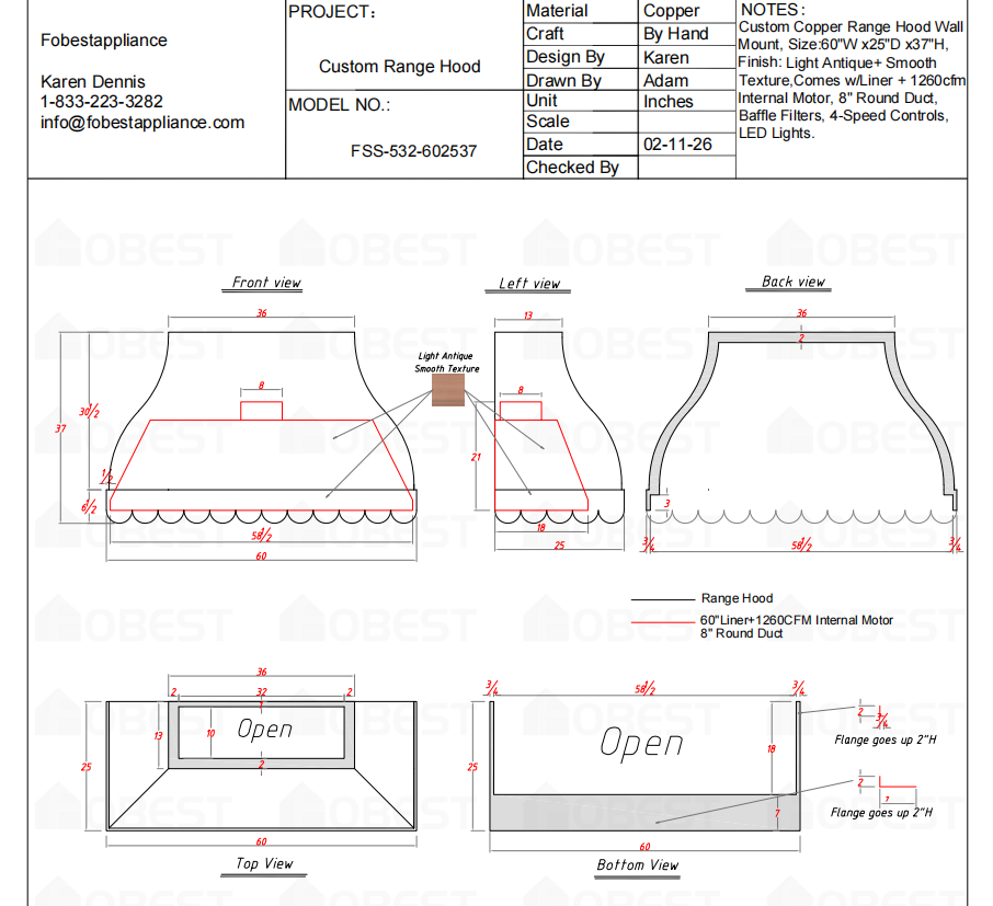 Fobest Custom Range Hood FSS-532 Custom Link for Tracey Plemon