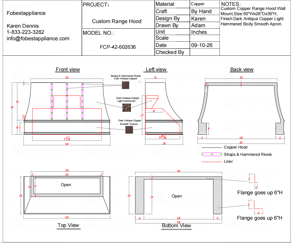 Fobest Custom Range Hood-FCP-42 Copper Metal Range Hood Custom Link