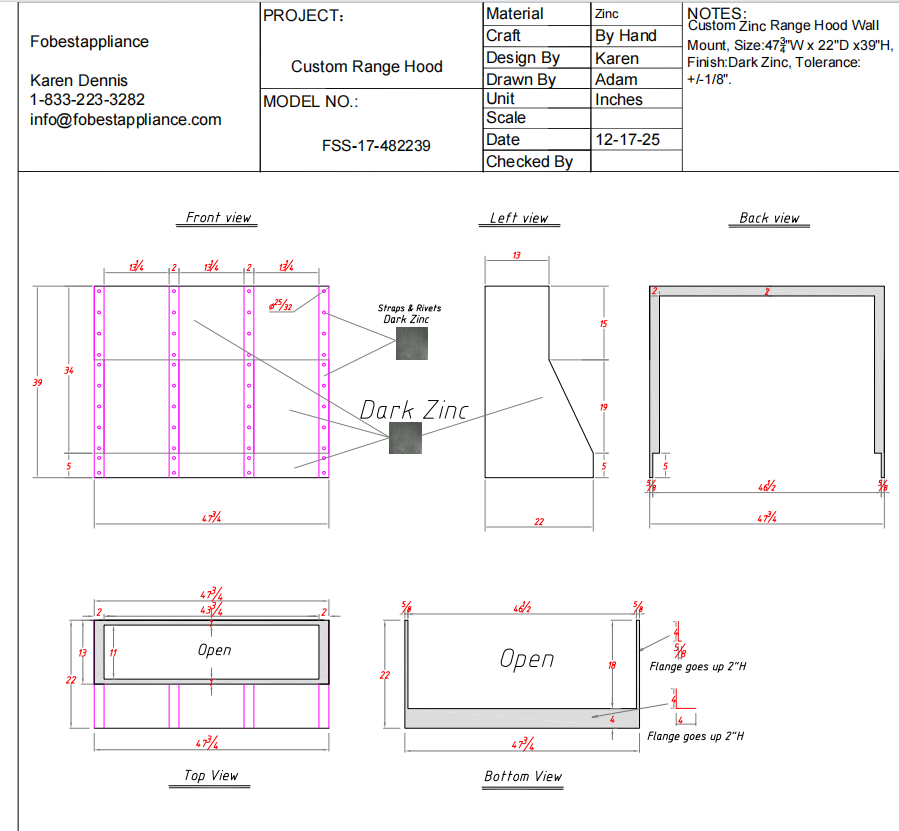 Fobest Custom Metal Range Hood FSS-17 50% Deposit Custom Link for Jeffrey Clark