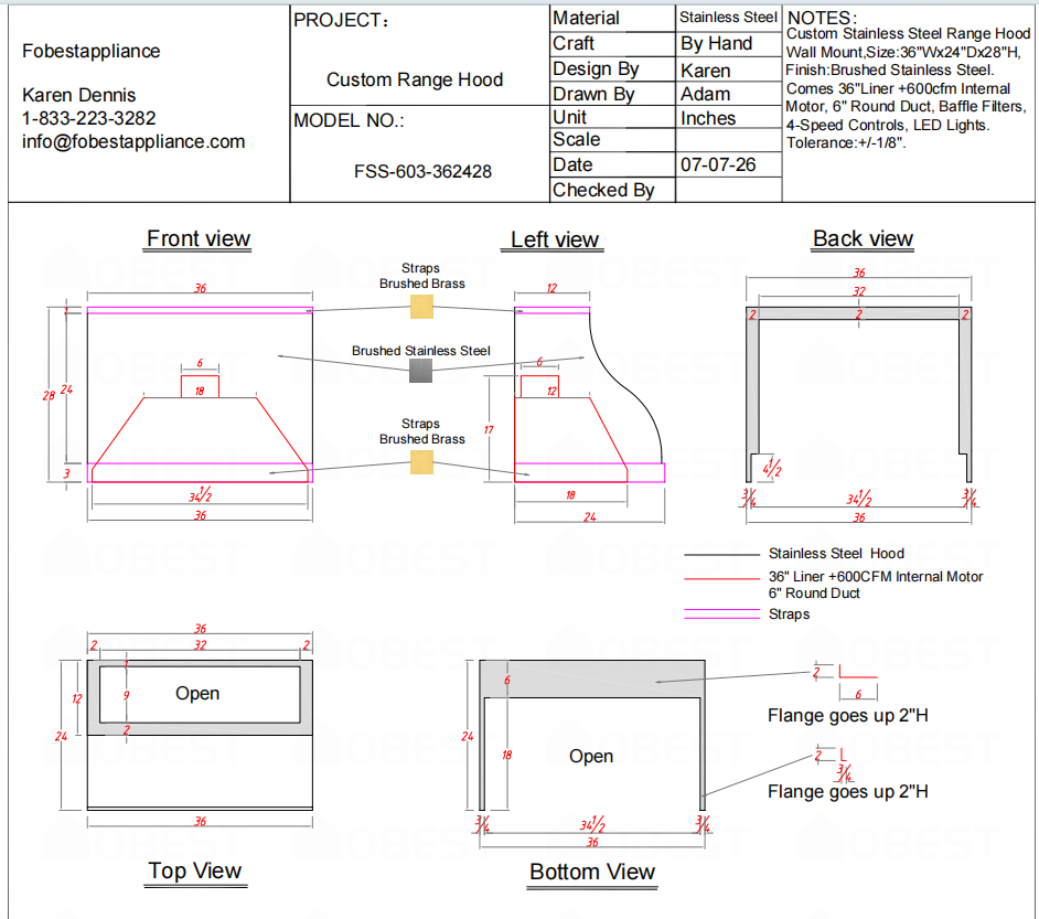 Fobest Custom Range Hood-FSS-603 Stainless Steel Metal Range Hood Custom Link for Vicky