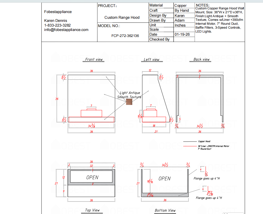 FOBEST Custom Range Hood FCP-272 Custom Link for David