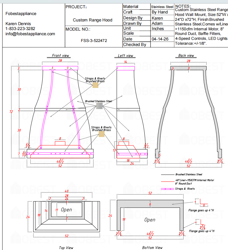 Fobest Custom Range Hood- FSS-3 custom link for Bailey