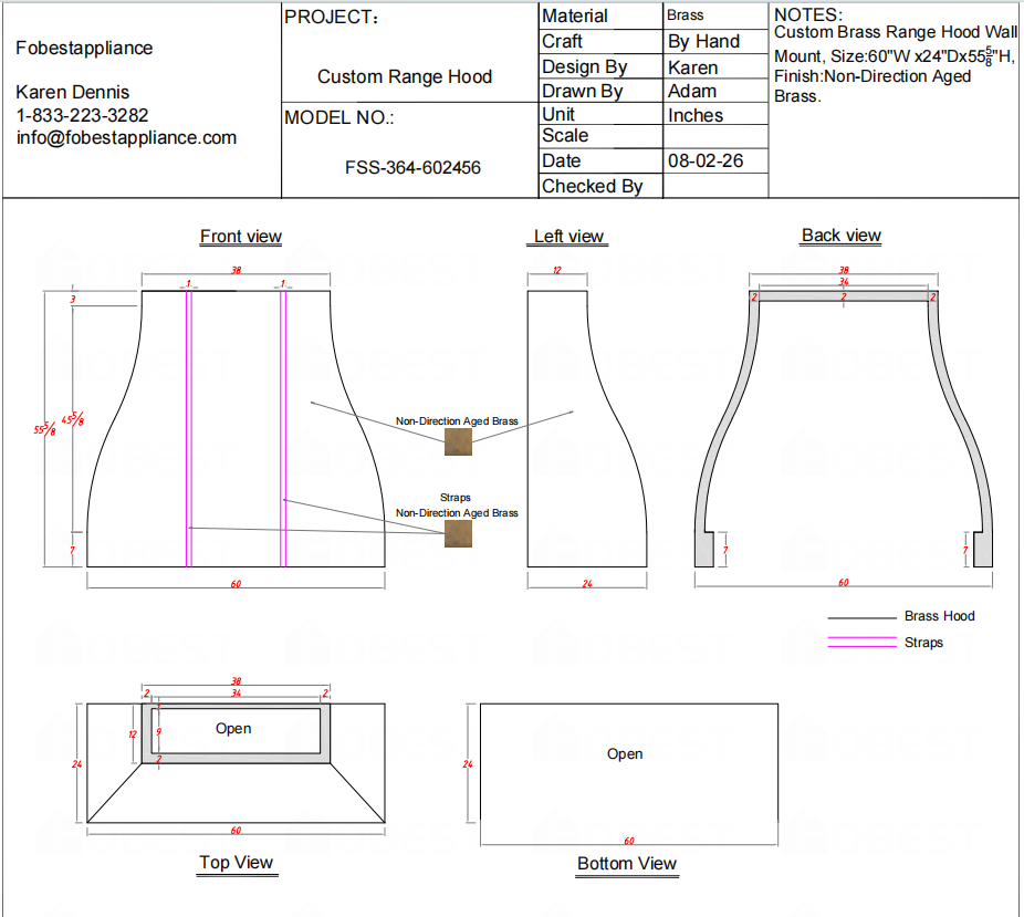 Fobest Custom Range Hood-FSS-364  Brass Range Hood  Metal Range Hood Custom Link for Steve