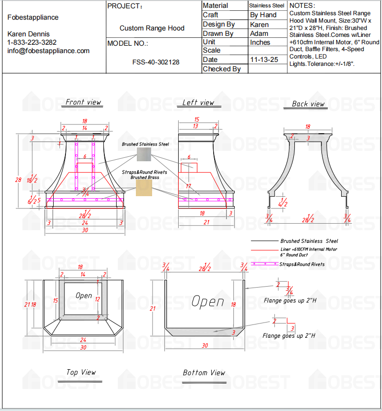Fobest Custom Metal Range Hood FSS-40- Custom Link for Darlene Hundon
