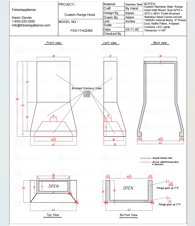 Fobest Custom Range Hood FSS-17 Custom Link for Holdon Putman