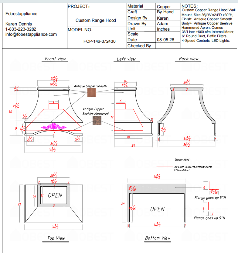 Fobest Custom Range Hood-FCP-146 Copper Range Hood  Metal Range Hood Custom Link for Steve