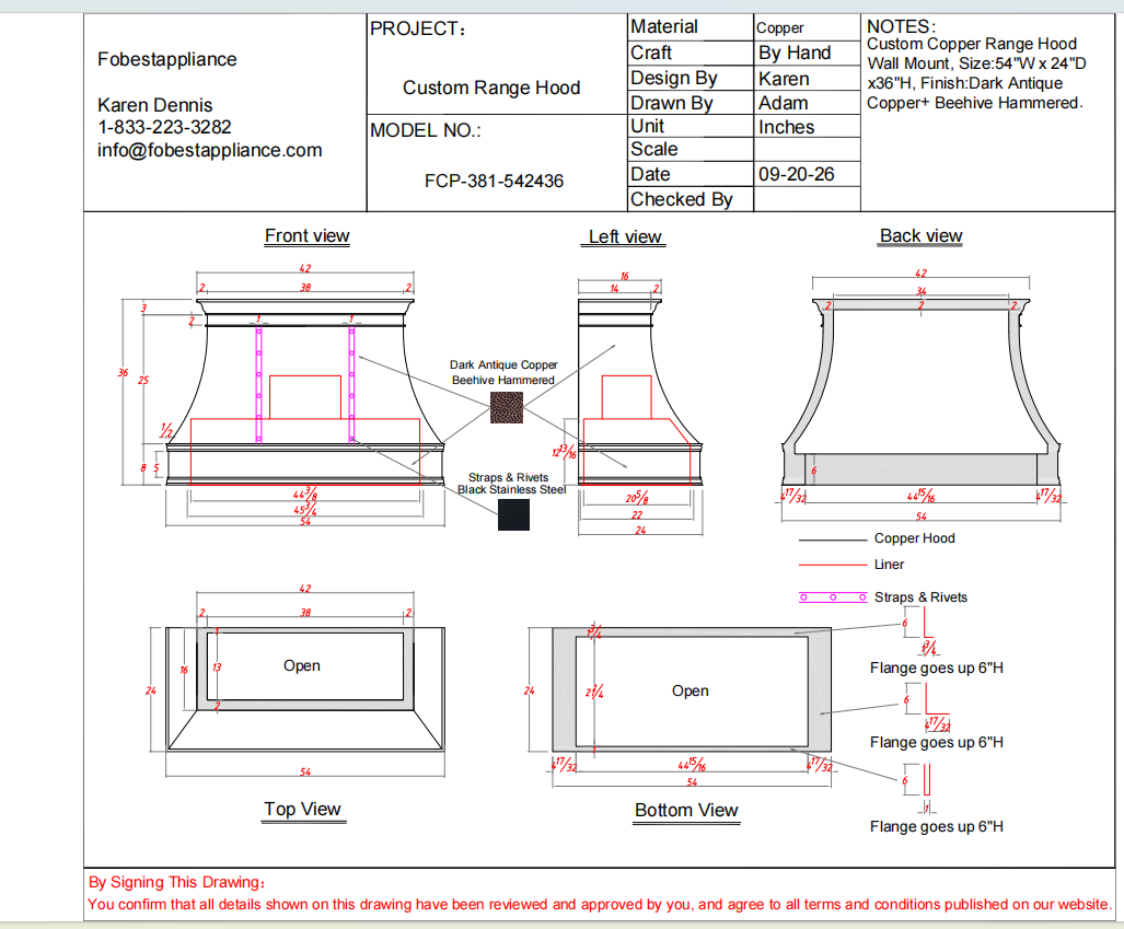Fobest Custom Range Hood-FCP-381- Copper Metal Range Hood Custom Link for Chris