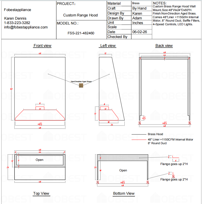 FOBEST Custom FSS-221 Range Hood – Custom Order Link for Lauren