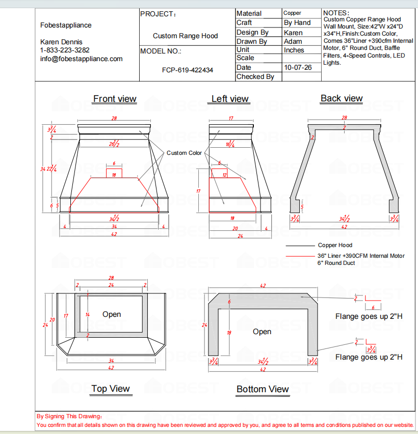 Fobest Custom Range Hood-FCP-619  Copper Metal Range Hood Custom Link for Julie