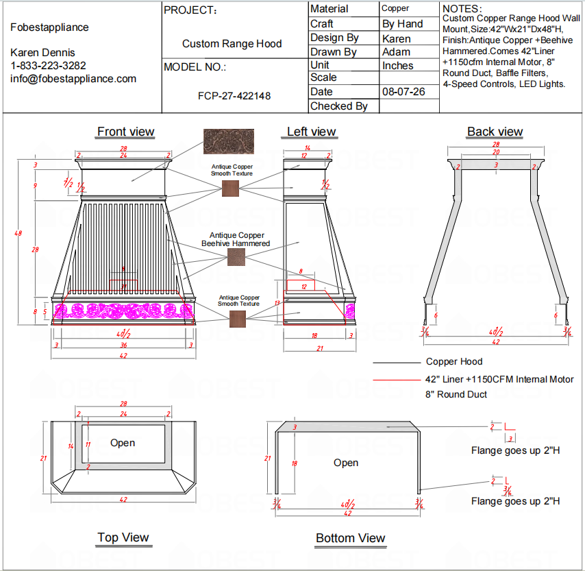 Fobest Custom Range Hood-50% Deposit FCP-27 Copper Range Hood  Metal Range Hood Custom Link for Chris