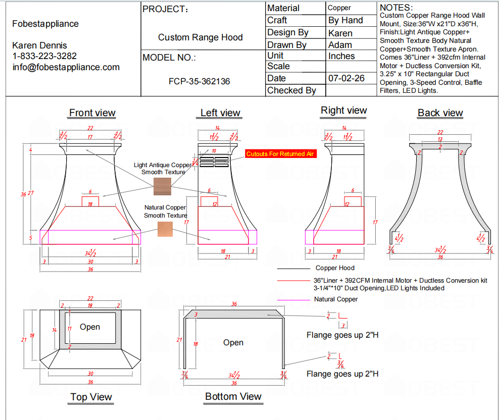 Fobest Custom Range Hood-FCP-35 Copper Metal Range Hood Custom Link for Amanda