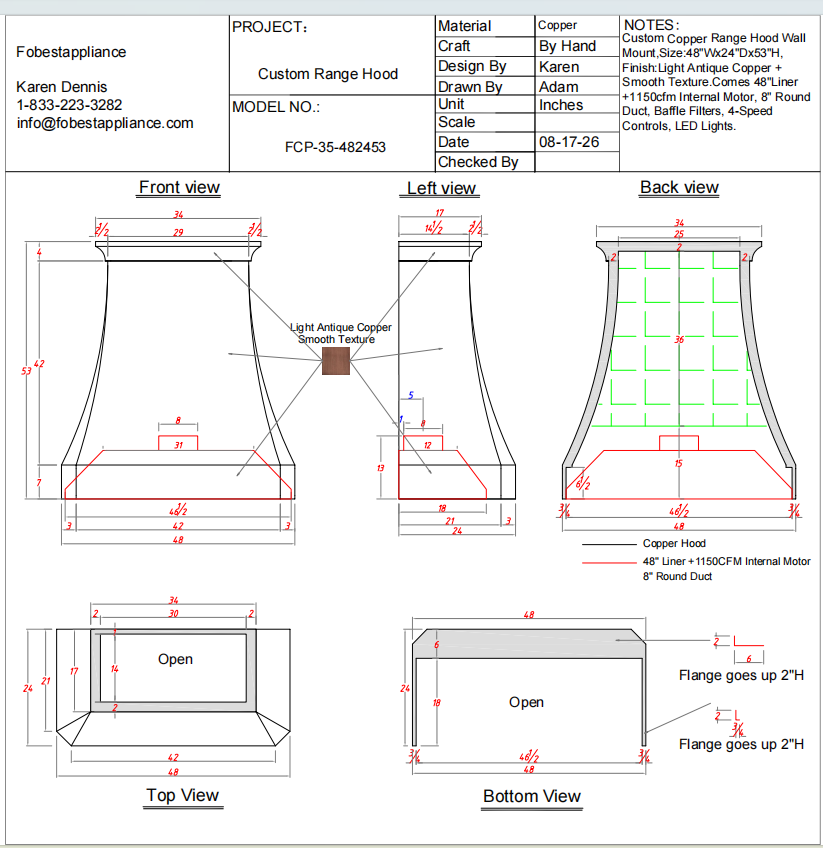 Fobest Custom Range Hood-FCP-35 Copper Range Hood  Metal Range Hood Custom Link