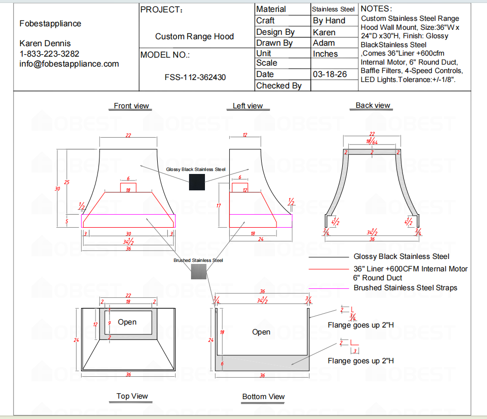 Fobest Custom Range Hood-FSS-293  Custom Link for Holly