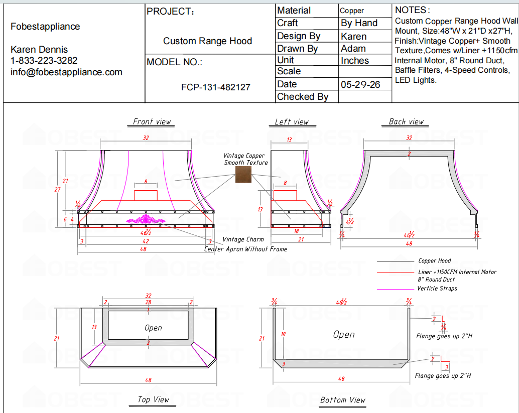 FOBEST Custom Range Hood FCP-131 Custom Link for Loralee