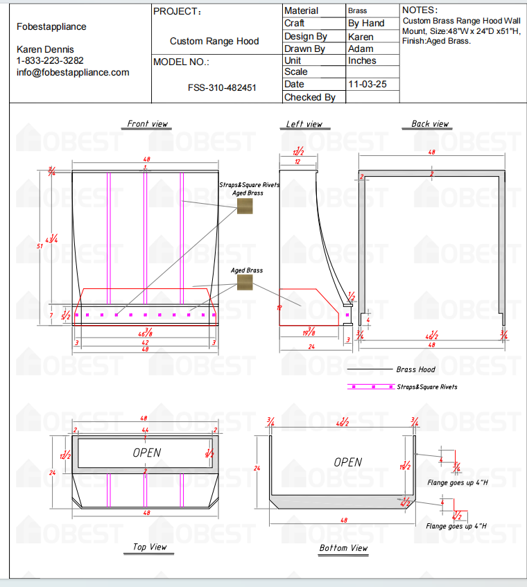 Fobest Custom Metal Range Hood FSS-310-Custom Link for Adrienne Hunt