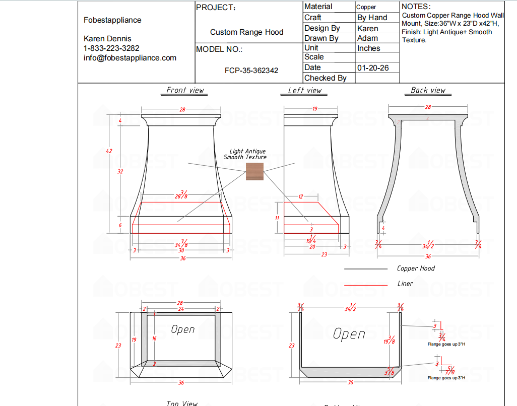 Fobest Custom Metal Copper Range Hood FCP-35 Custom Link for Karen