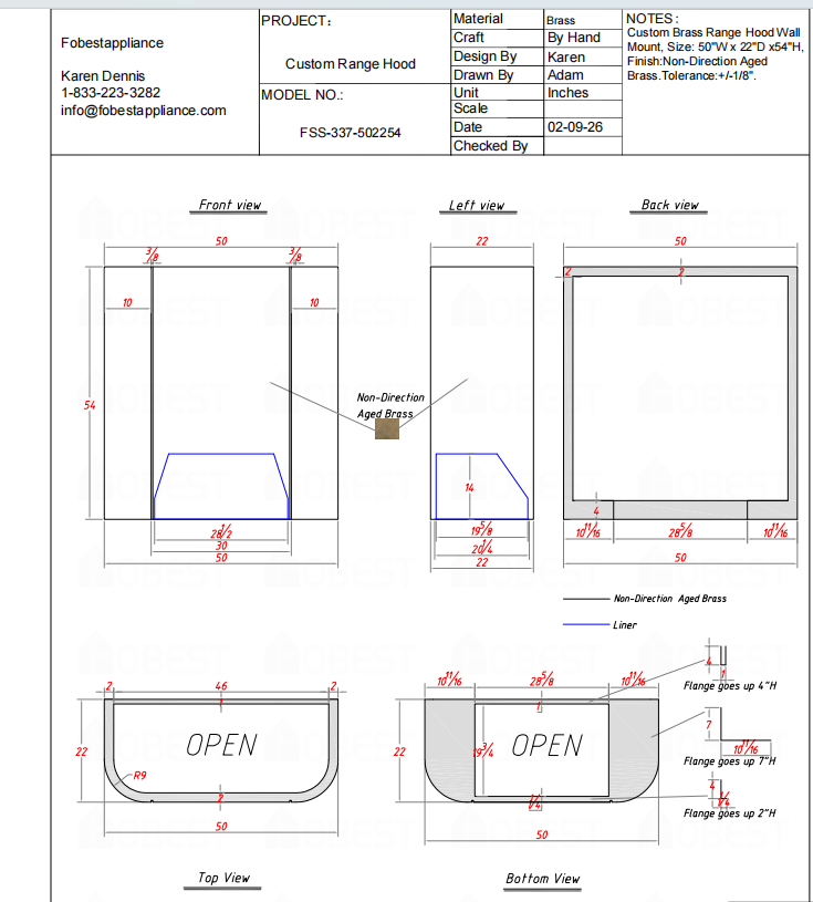 Fobest Custom Range Hood FSS-337 Custom Link for Tiffany